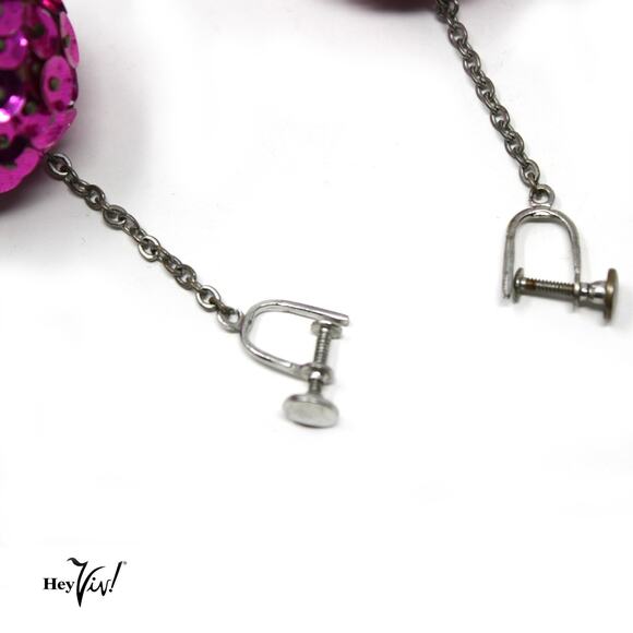 Vintage Dark Pink Sequin Dangle Hanging Swinging Screw Back Earrings - Hey Viv - Picture 3 of 4